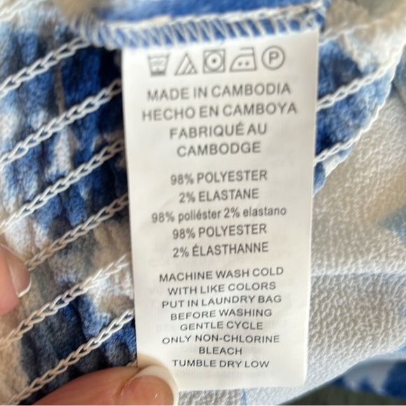 Michael Kors Blue and White Floral Blouse Draped Sleeves and Gathered Waist Sz L - Picture 7 of 10